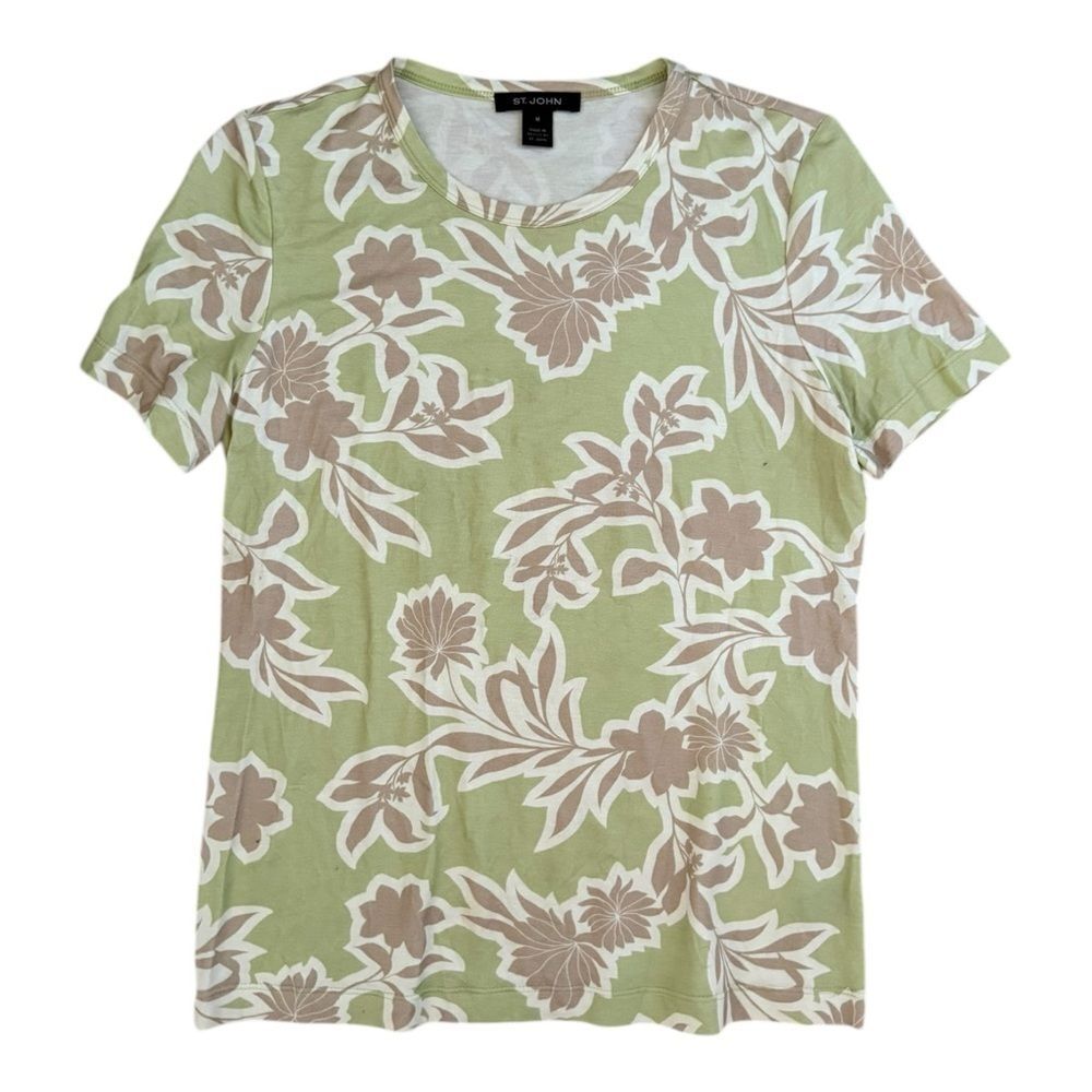 ST JOHN Floral Print Graphic Tee Sage Multi Green Floral T-shirt Size M Flower